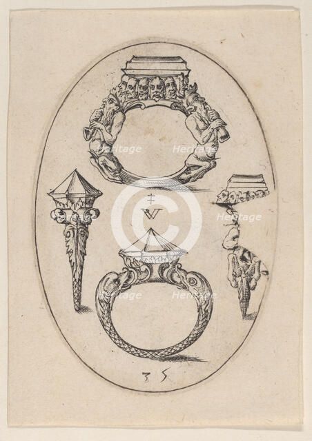 Designs for Four Rings, Plate 35 from 'Livre d'Aneaux d'Orfevrerie', 1561. Creator: Pierre Woeiriot.