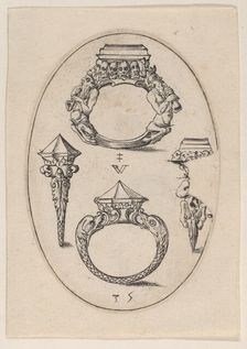 Designs for Four Rings, Plate 35 from Livre d'Aneaux d'Orfevrerie 1561. Creator: Pierre Woeiriot
