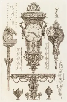 Designs for mantlepiece clocks, ornamentation and decorative borders, 1769. Creator: Giovanni Battista Piranesi