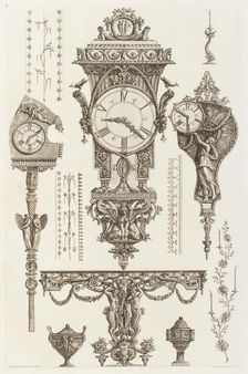 Designs for mantlepiece clocks, ornamentation and decorative borders, 1769. Creator: Giovanni Battista Piranesi