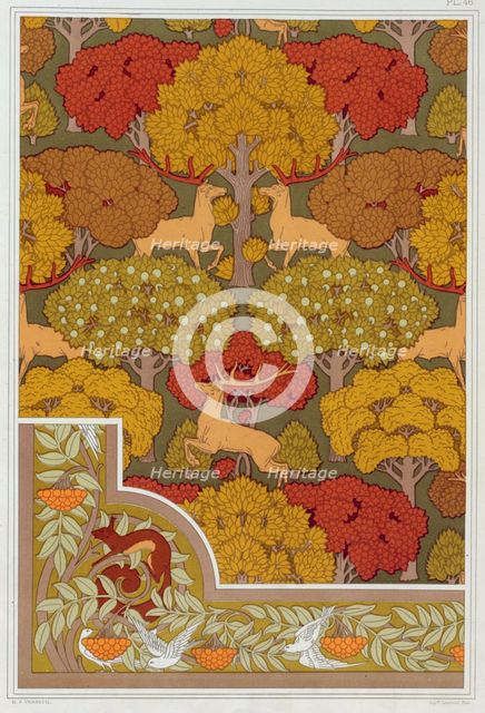 Designs for wallpaper and wallpaper border "Deer in the Trees", pub. 1897. Creator: Maurice Pillard Verneuil (1869?1942).