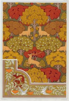 Designs for wallpaper and wallpaper border "Deer in the Trees", pub. 1897. Creator: Maurice Pillard Verneuil (1869?1942)