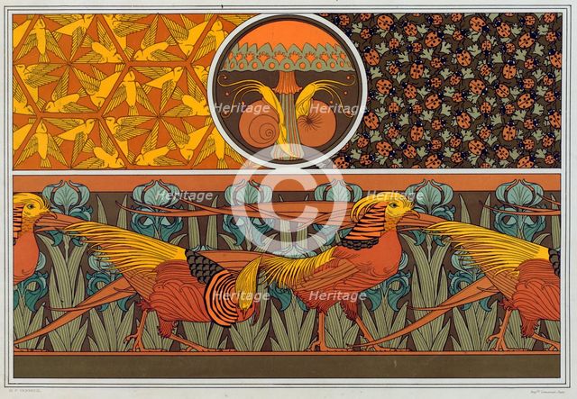 Designs for wallpaper border and fabric: "Birds"; Ladybirds and Maiden Hair Fern", pub. 1897. Creator: Maurice Pillard Verneuil (1869?1942).