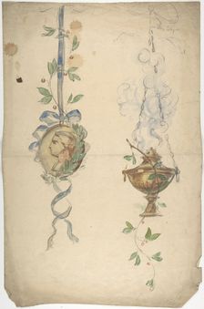 Designs for Trophies Containing Medallion and Urn, 19th century. Creator: Anon