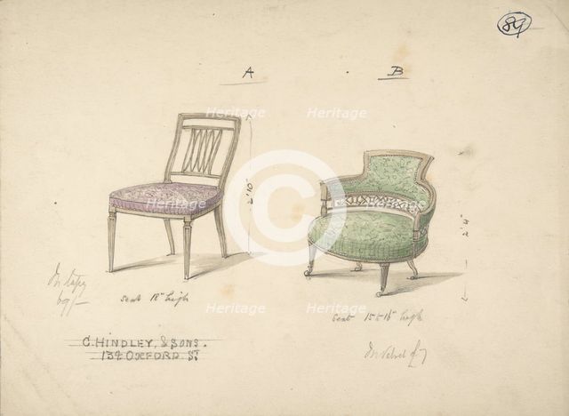 Designs for Two Chairs, 1841-84. Creator: Charles Hindley & Sons.