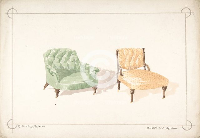 Designs for Two Chairs, 1841-84. Creator: Charles Hindley & Sons.
