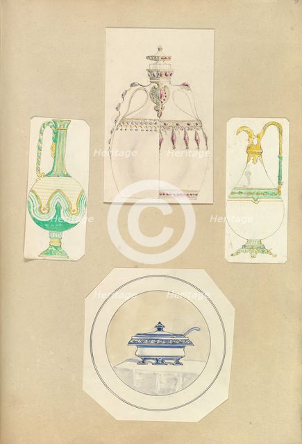 Designs for Two Ewers, a Carafe (two alternate designs), and a Covered Tureen, 1845-55. Creator: Alfred Crowquill.