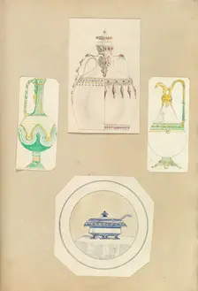 Designs for Two Ewers, a Carafe (two alternate designs), and a Covered Tureen, 1845-55. Creator: Alfred Crowquill