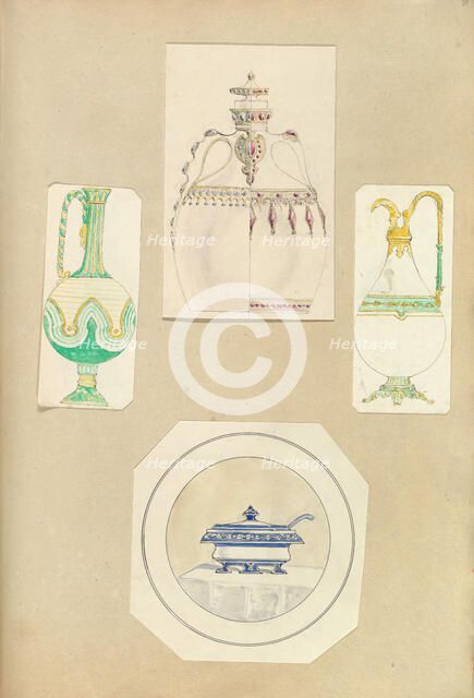 Designs for Two Ewers, a Carafe (two alternate designs), and a Covered Tureen, 1845-55. Creator: Alfred Crowquill.