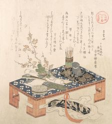 Desk with Writing Set and Plum Flowers,..., probably 1814 (Year of the Dog). Creator: Kubo Shunman