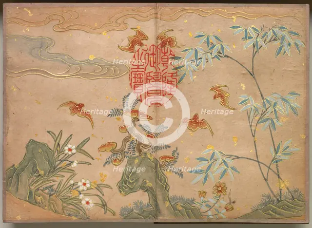 Desk Album: Flower and Bird Paintings (Bats, rocks, flowers oval calligraphy) , 18th Century. Creator: Zhang Ruoai (Chinese).