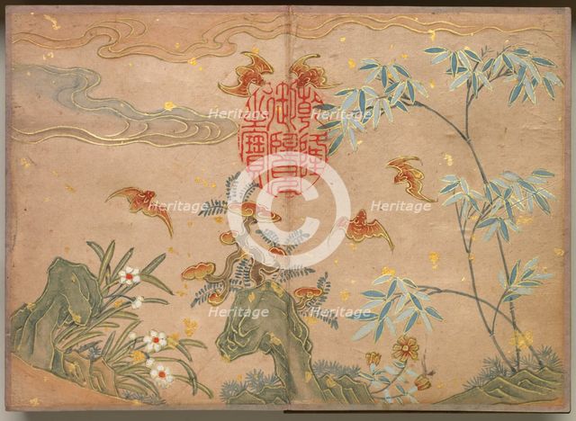 Desk Album: Flower and Bird Paintings (Bats, rocks, flowers oval calligraphy) , 18th Century. Creator: Zhang Ruoai (Chinese).