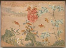 Desk Album: Flower and Bird Paintings (Bats, rocks, flowers oval calligraphy) , 18th Century. Creator: Zhang Ruoai (Chinese)