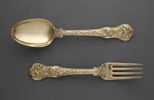 Dessert Fork and Spoon with Hunt Scenes, c. 1822. Creator: Paul Storr (British, 1771-1844)