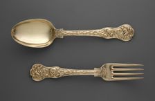 Dessert Fork and Spoon with Hunt Scenes, c. 1822. Creator: Paul Storr (British, 1771-1844)