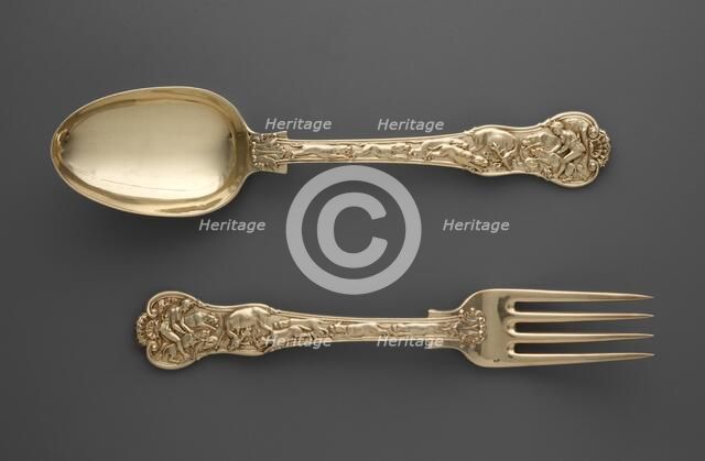 Dessert Fork and Spoon with Hunt Scenes, c. 1822. Creator: Paul Storr (British, 1771-1844).