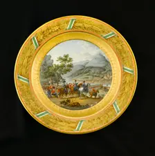 Dessert plate depicting the crossing of the Mondego, Portugal, 1810 (1810s). Artist: AJ Photographics