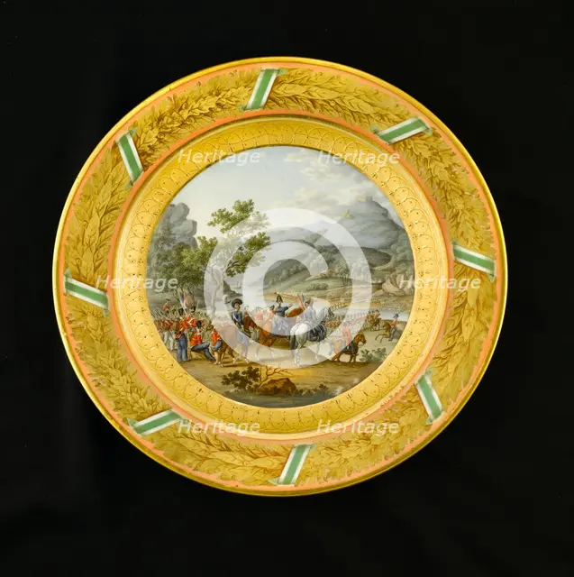 Dessert plate depicting the crossing of the Mondego, Portugal, 1810 (1810s). Artist: AJ Photographics.