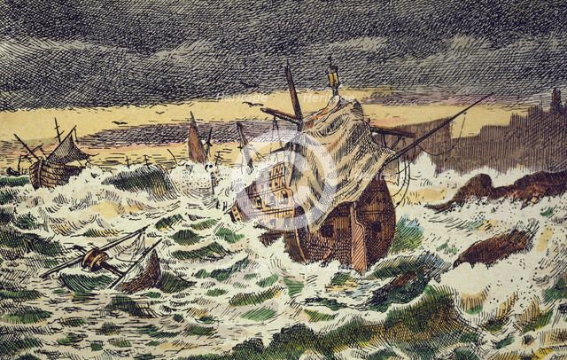 Destruction by the storms of the Spanish Armada, sent by King Philip II against England in 1588.