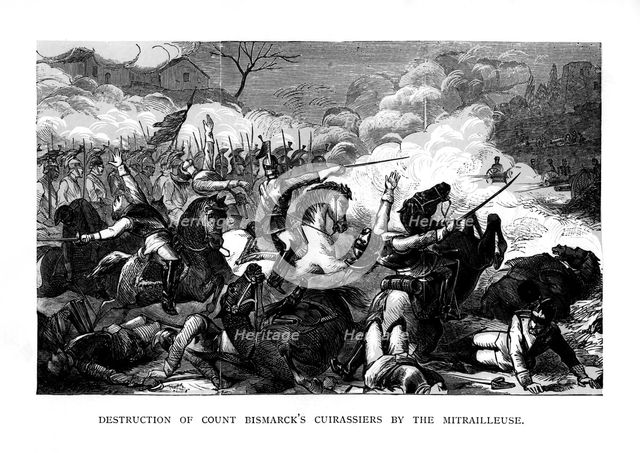 'Destruction of Count Bismarck's Cuirassiers by the Mitrailleuse', c1870, (1875). Artist: Unknown
