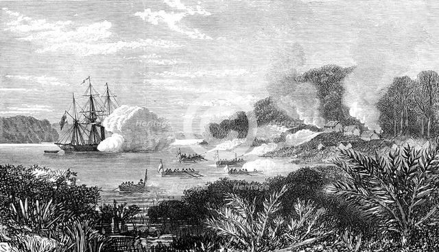 Destruction of a pirates' stronghold at Sulu by H.M.S. Nassau, 1872. Creator: Unknown.