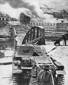Destruction of bridge over River Meuse by Belgians to stop German advance, World War 2, 1940