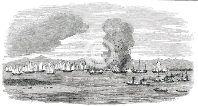 Destruction of Shap-'Ng-Tsai's Piratical Fleet, by the British, in the Gulf of Tonquin, 1850. Creator: Unknown.