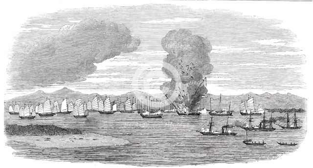 Destruction of Shap-'Ng-Tsai's Piratical Fleet, by the British, in the Gulf of Tonquin, 1850. Creator: Unknown.