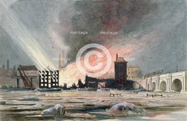 Destruction of Sir C Price's oil warehouse and wharf, William Street, Blackfriars, London, 1845. Artist: Anon
