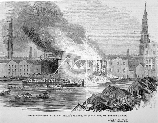 Destruction of Sir C Price's oil warehouse and wharf, William Street, Blackfriars, London, 1845. Artist: Anon