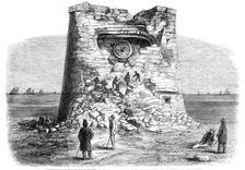 Destruction of the Martello Tower, Eastbourne, Sussex, by Sir W. Armstrong's guns, at a..., 1860. Creator: Unknown