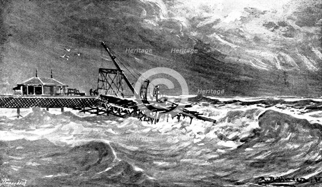 Destruction of the new part of Sandown Pier during a gale, 1895. Creator: George Meisenbach.