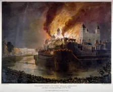 Destruction of the Armoury in the Tower of London by fire, 30 October 1841. Artist: William C Smith