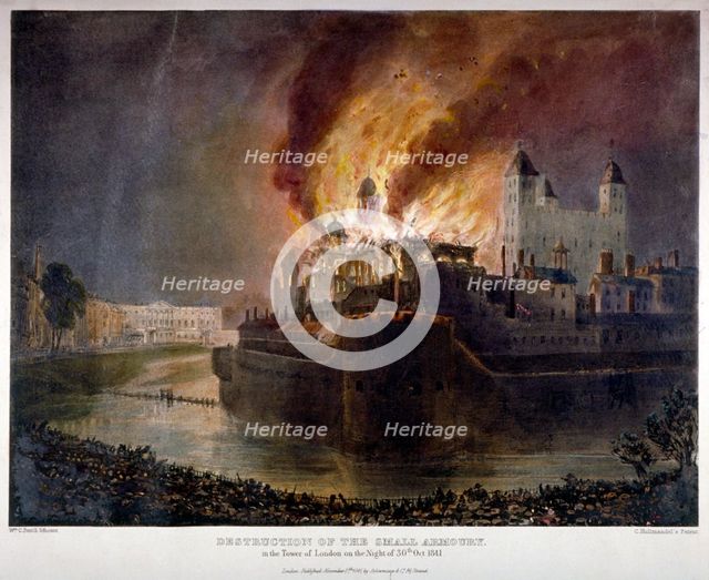 Destruction of the Armoury in the Tower of London by fire, 30 October 1841. Artist: William C Smith