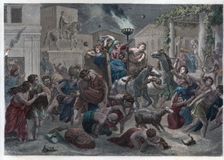 Destruction of the city of Pompeii by the eruption of Vesuvius volcano, engraving 1868
