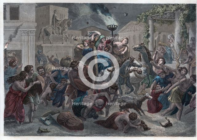 Destruction of the city of Pompeii by the eruption of Vesuvius volcano, engraving 1868.