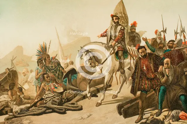 Destruction of the fleet - burning of their ships, Aztec Empire, 1890.  Creator: Juan Alaminos.