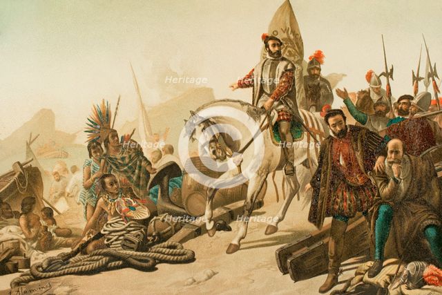 Destruction of the fleet - burning of their ships, Aztec Empire, 1890.  Creator: Juan Alaminos.
