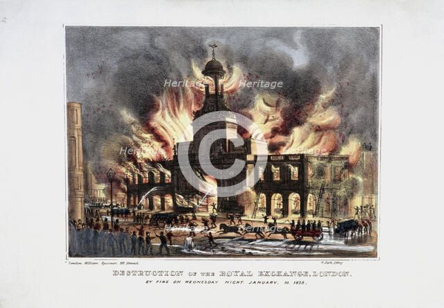 'Destruction of the Royal Exchange' (2nd) fire, London, 1838. Artist: W Clerk
