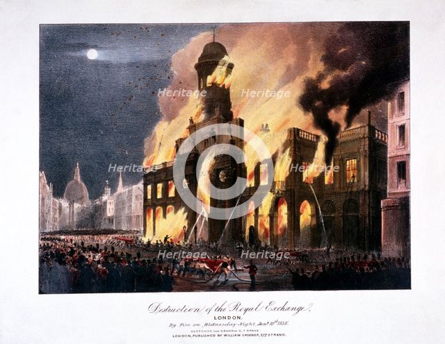 'Destruction of the Royal Exchange' (2nd) fire, London, 1838. Artist: Anon