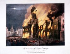 Destruction of the Royal Exchange (2nd) fire, London, 1838. Artist: Anon