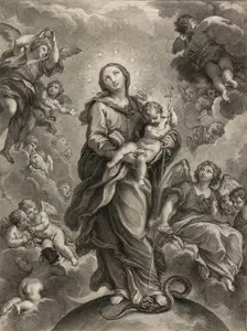 Destroy the dragon without sword; (Dan. 14.25); Virgin and Child on hemisphere. Creator: Johann Jakob Frey the Elder