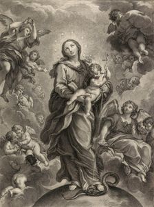 Destroy the dragon without sword; (Dan. 14.25); Virgin and Child on hemisphere. Creator: Johann Jakob Frey the Elder