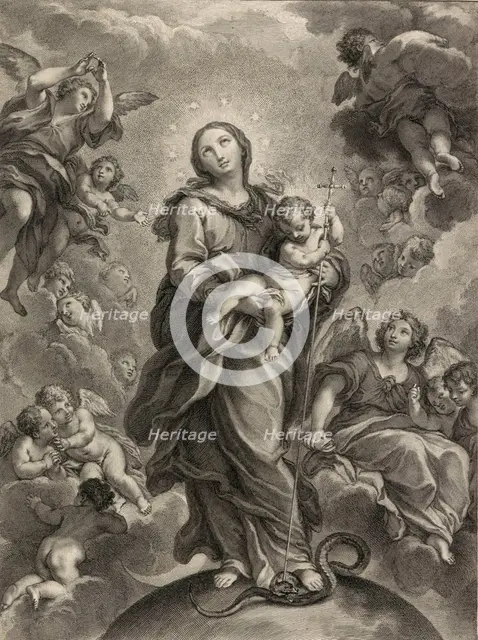 Destroy the dragon without sword; (Dan. 14.25); Virgin and Child on hemisphere. Creator: Johann Jakob Frey the Elder.