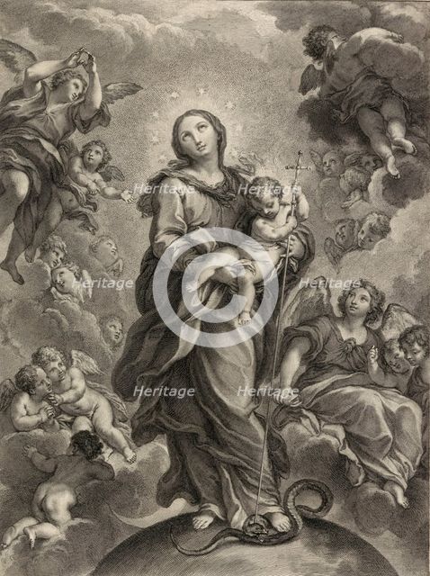 Destroy the dragon without sword; (Dan. 14.25); Virgin and Child on hemisphere. Creator: Johann Jakob Frey the Elder.