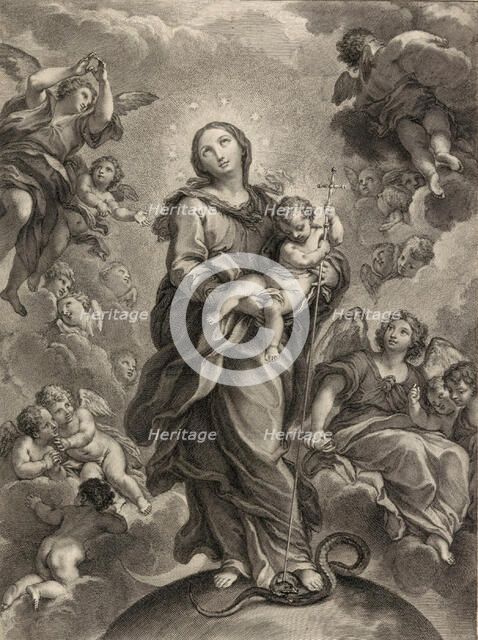 Destroy the dragon without sword; (Dan. 14.25); Virgin and Child on hemisphere. Creator: Johann Jakob Frey the Elder.