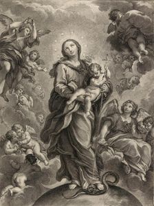 Destroy the dragon without sword; (Dan. 14.25); Virgin and Child on hemisphere. Creator: Johann Jakob Frey the Elder