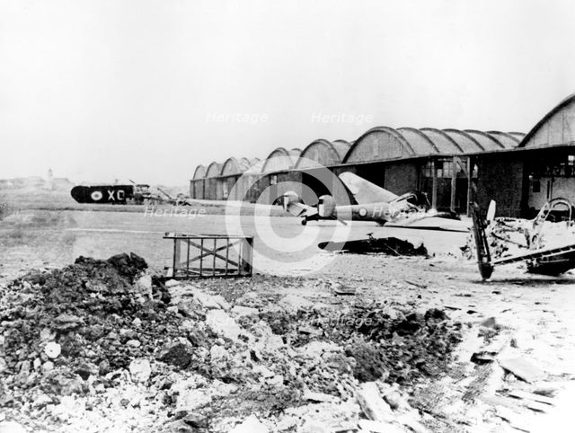 Destroyed aircraft at Le Bourget airfield, German-occupied Paris, July 1940. Artist: Unknown