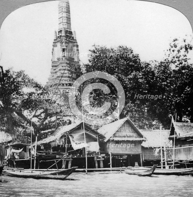 Dhows and houses on the Chao Phraya River, Bangkok, Thailand, 1900s. Artist: Unknown