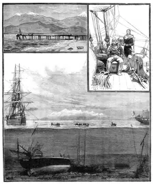 Divers exploring the wreck of H.M.S. Doterel, blown up in the Straits of Magellan, 1881. Creator: William James Palmer